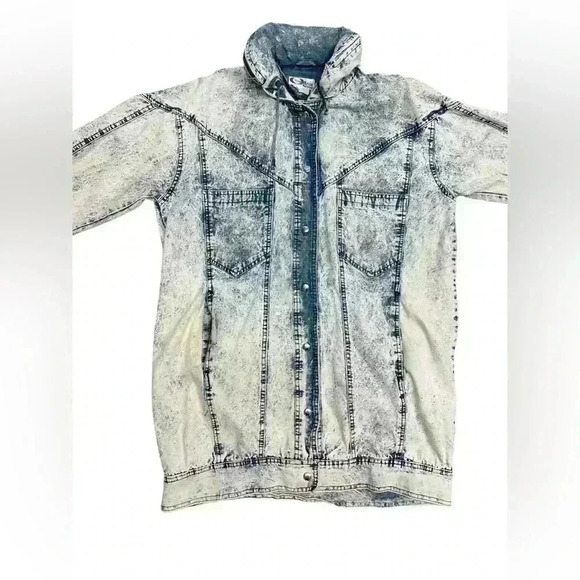 PAN ASIA Vintage Women's 80's Acid Wash Long Denim Jean Jacket With Hood - Picture 3 of 13